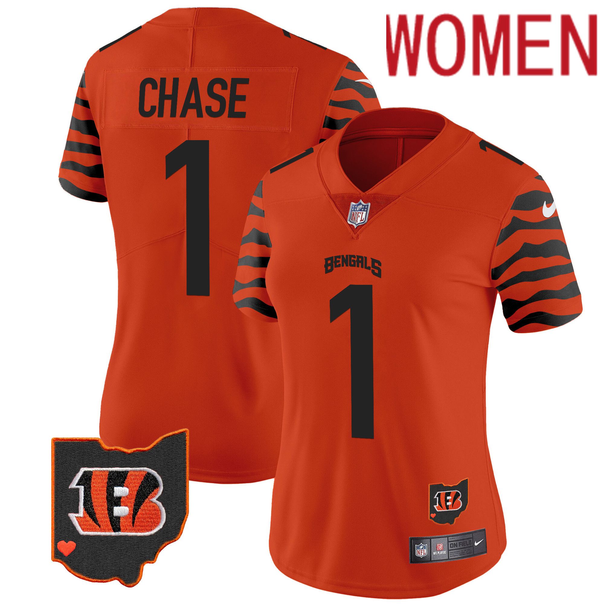 Women Cincinnati Bengals 1 Chase Orange 2024 Nike Stripes Vapor Limited NFL Jersey